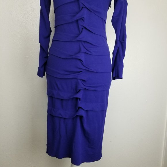 Nicole Miller Studio One Mock Neck Pleated Fitted Dress Blue Small - Picture 7 of 16